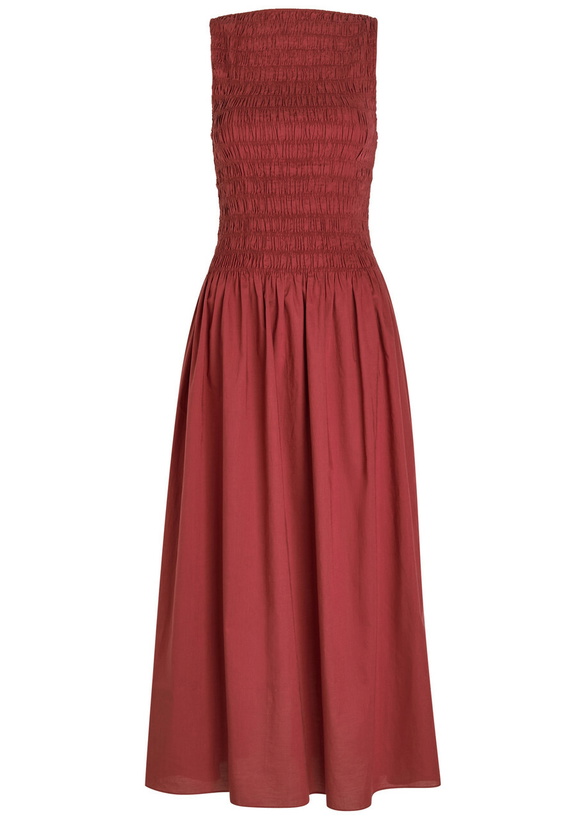 Photo: Faithfull The Brand Margot Shirred Cotton Midi Dress Dark Pink