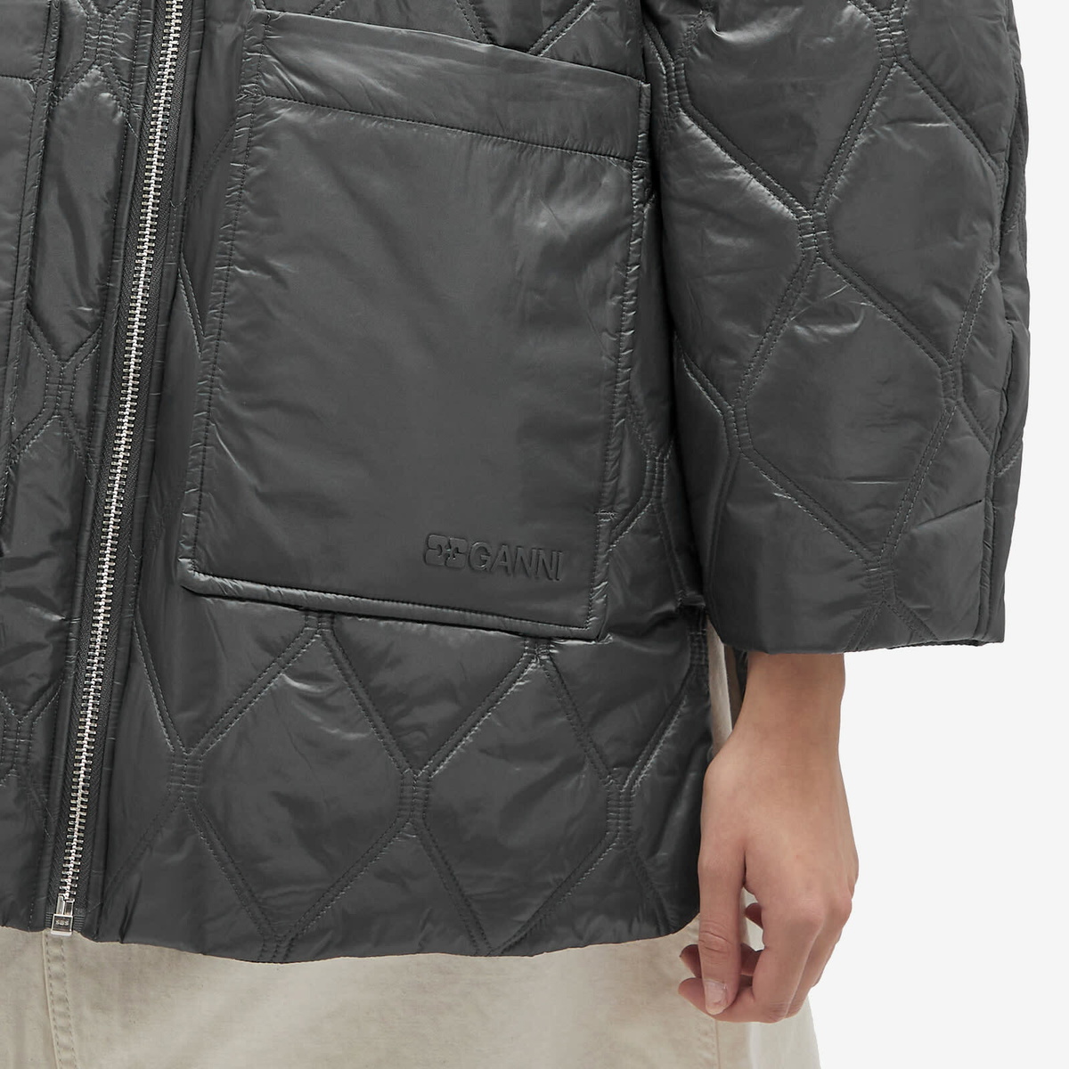 GANNI Women's Shiny Quilt Midi Jacket in Black Sand GANNI