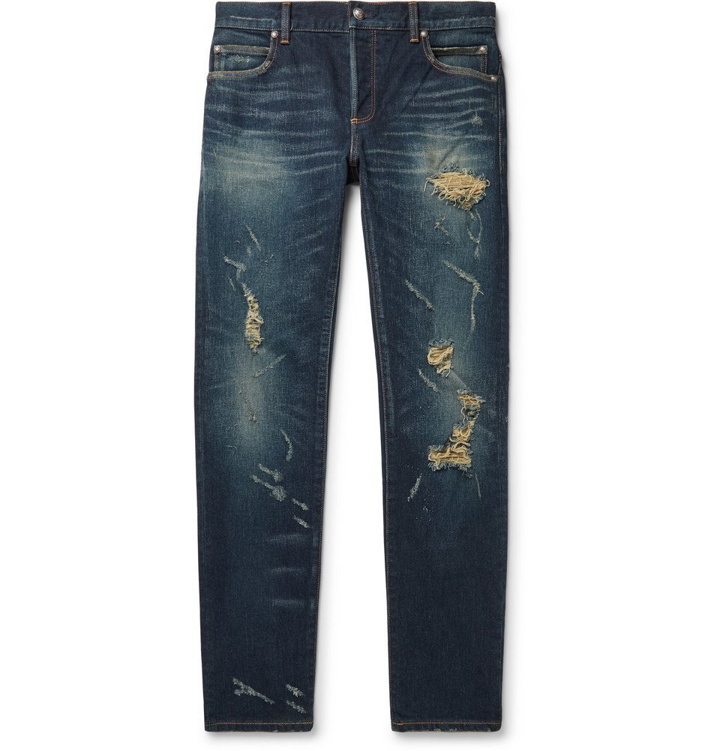 Photo: Balmain - Slim-Fit Tapered Distressed Denim Jeans - Dark denim