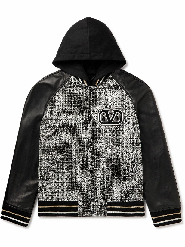 Photo: Valentino - Cotton-Blend Bouclé-Tweed and Leather Hooded Bomber Jacket - Black