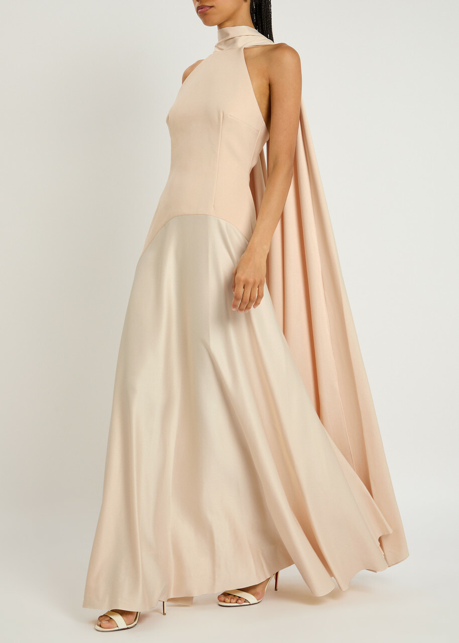 Solace London Cece Draped Satin and Crepe Maxi Dress Cream
