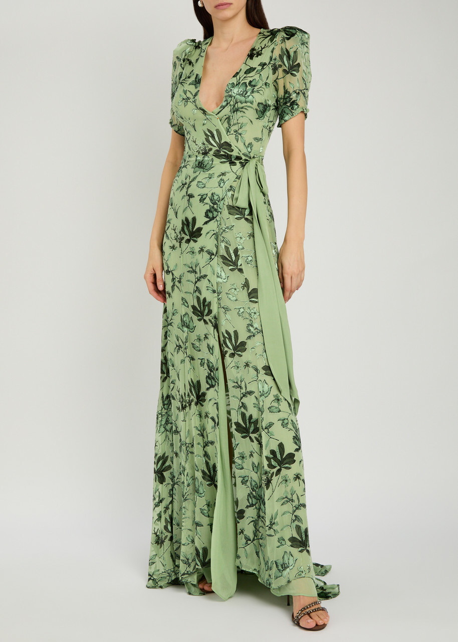 Alice + Olivia Tiana Devoré Chiffon Maxi Wrap Dress Green