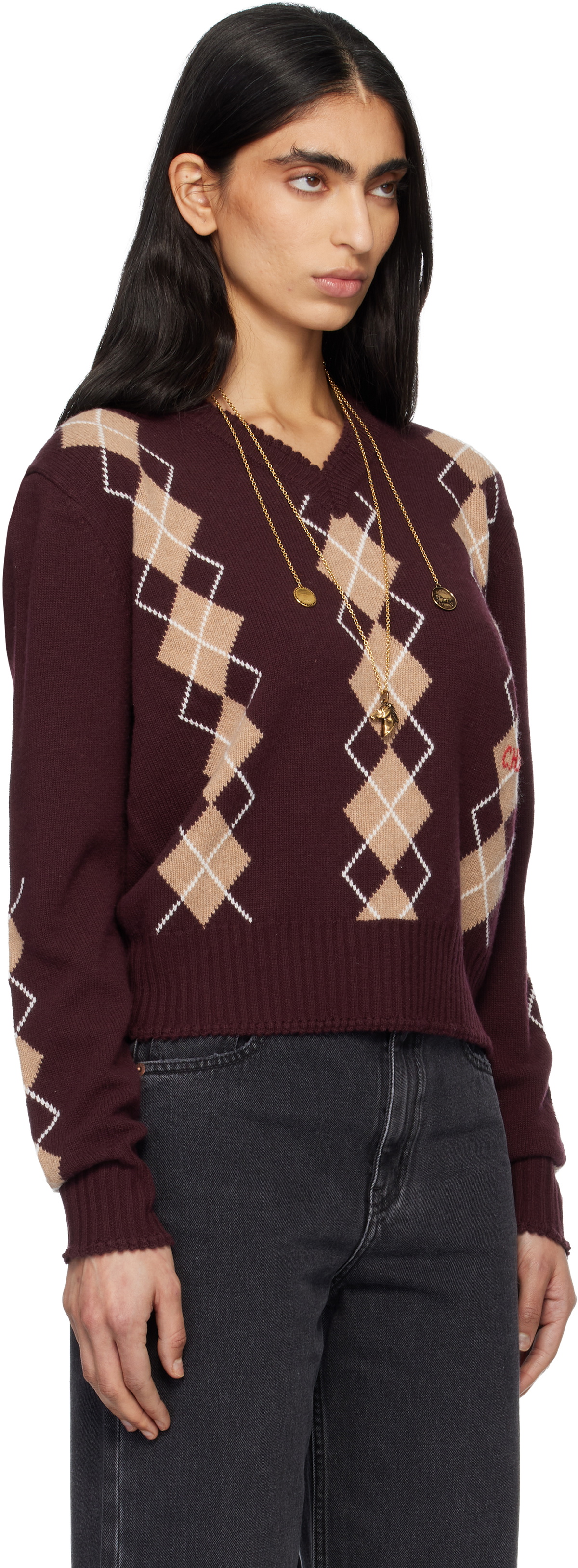 Chloé Burgundy Argyle Knit Wool Sweater
