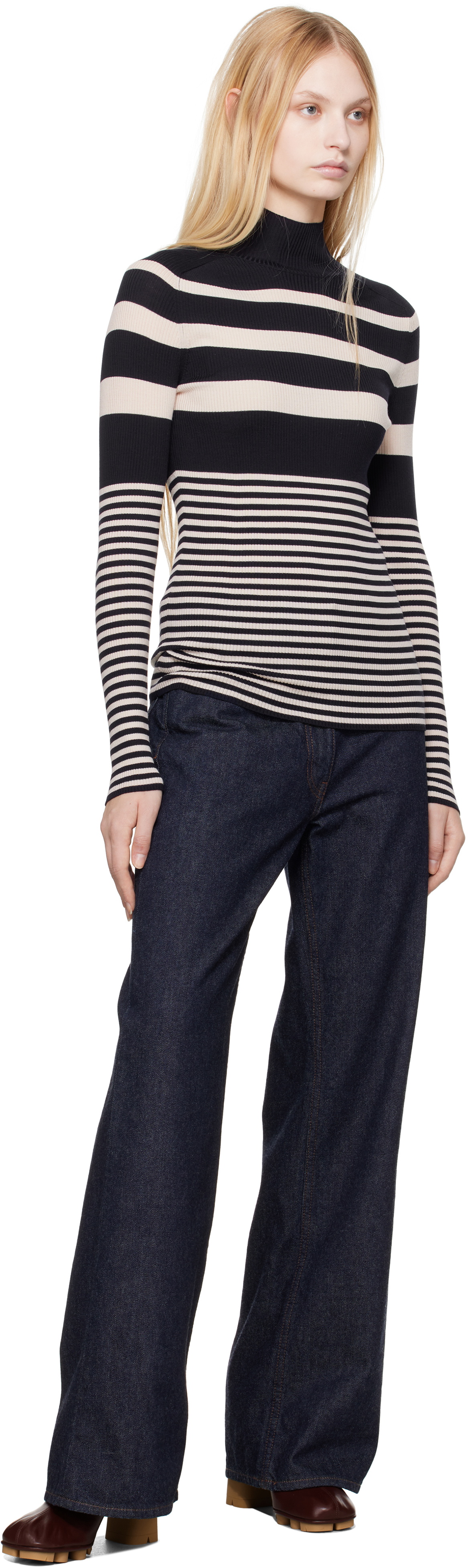 Moncler White & Blue Striped Wool Turtleneck