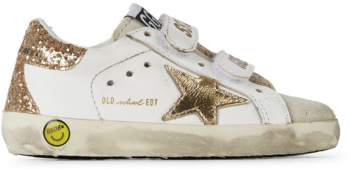 Photo: Golden Goose Baby White & Gold Glitter Old School Spur Velcro Sneakers