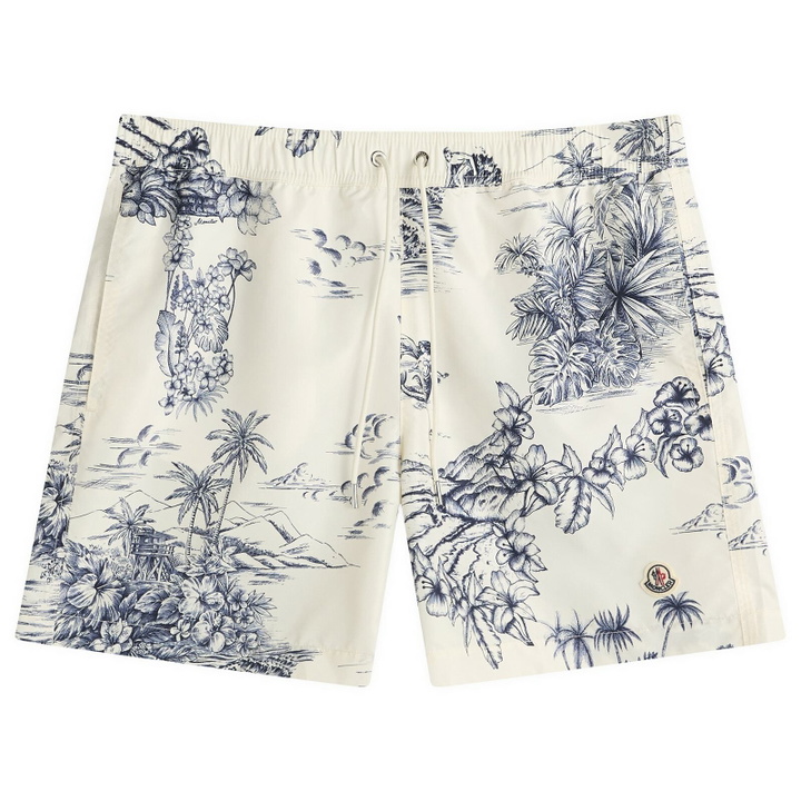Photo: Moncler Men's Hawaiian Print Swim Shorts in White Blue