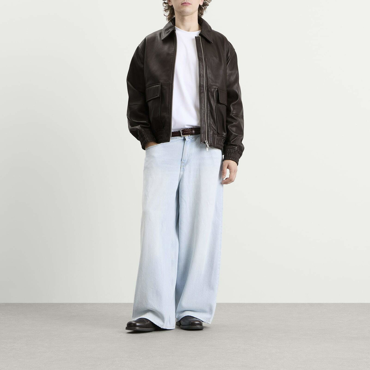 Studio Nicholson Men's Piston Leather Bomber Jacket in Brown