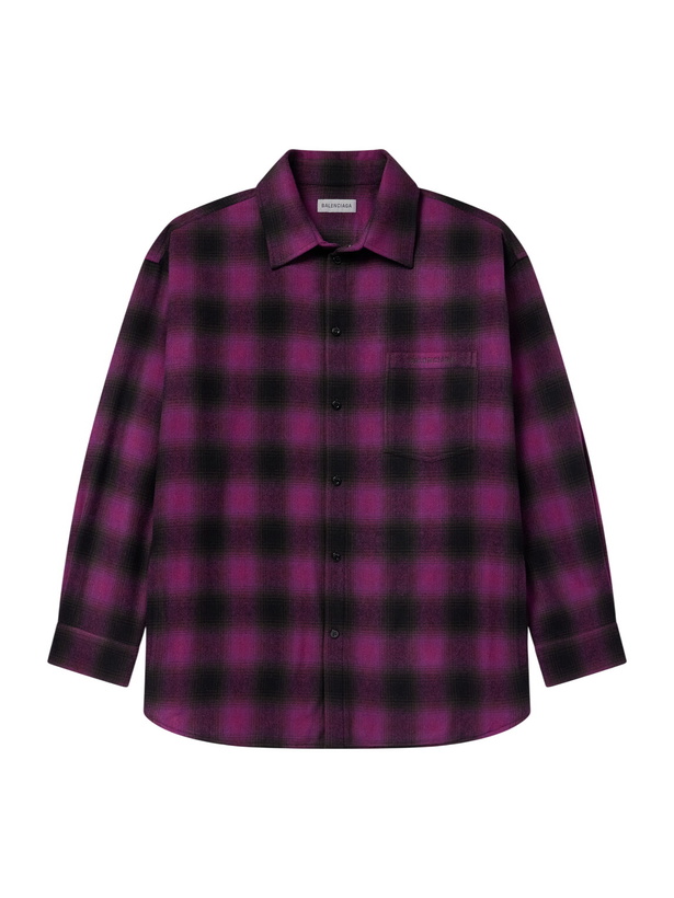 Photo: Balenciaga - Logo-Debossed Checked Wool-Blend Flannel Overshirt - Purple