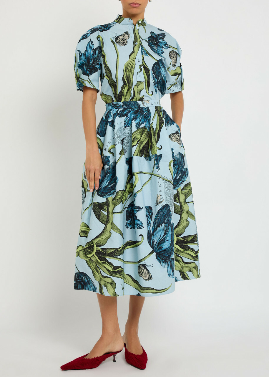 Erdem Printed Cotton-poplin Midi Skirt Blue