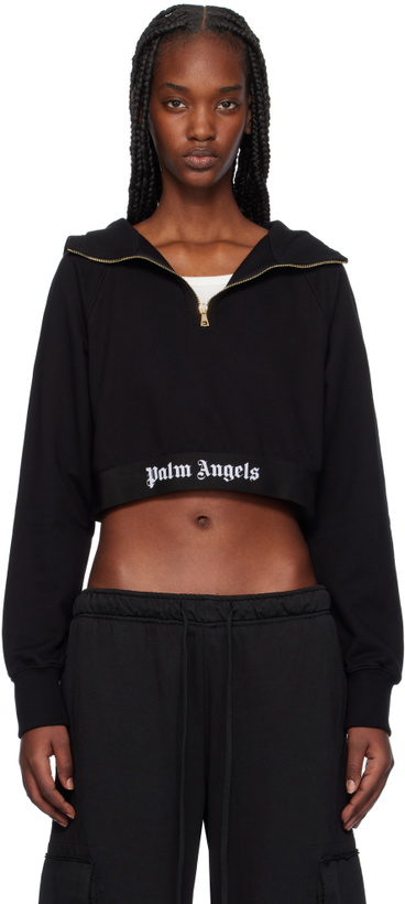 Photo: Palm Angels Black Logo Tape Zipped Hoodie