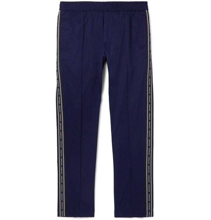 Photo: Versace - Navy Slim-Fit Logo-Trimmed Cotton-Blend Gabardine Trousers - Blue