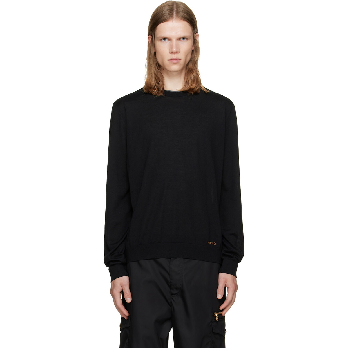 Versace Black Embroidered Wool Knit Crewneck Sweater
