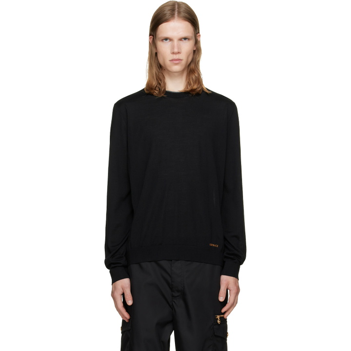 Photo: Versace Black Embroidered Wool Knit Crewneck Sweater