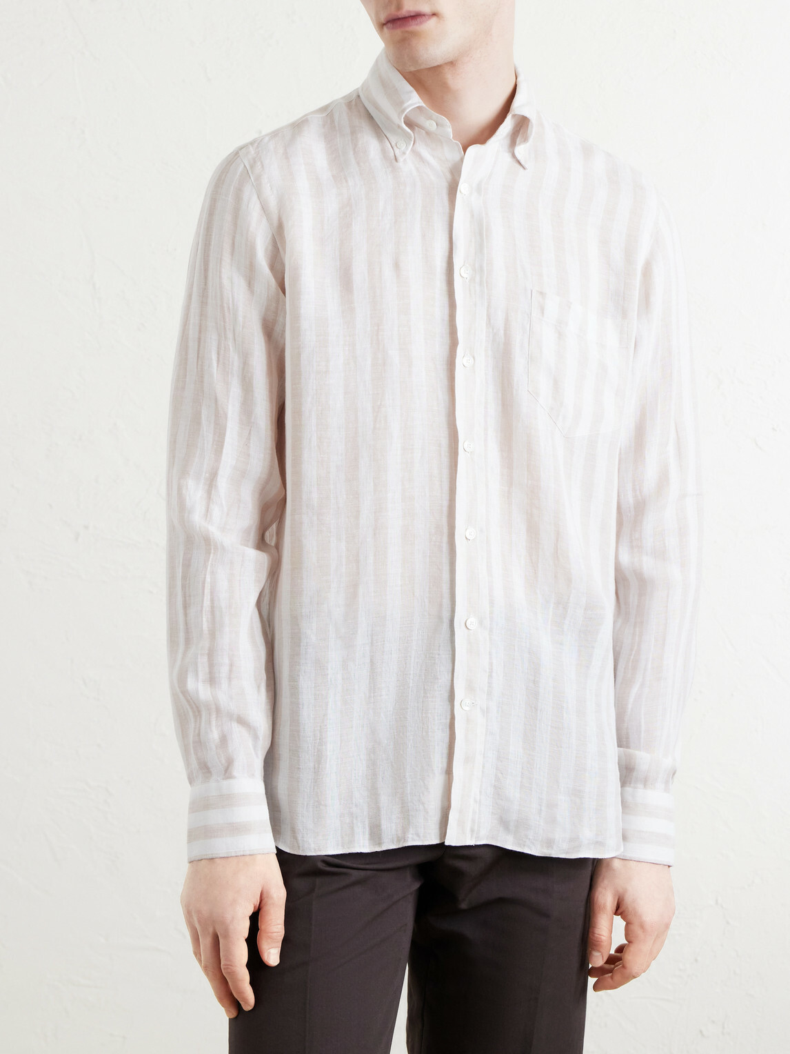 J. Mueser - Button-Down Collar Striped Linen Shirt - Brown