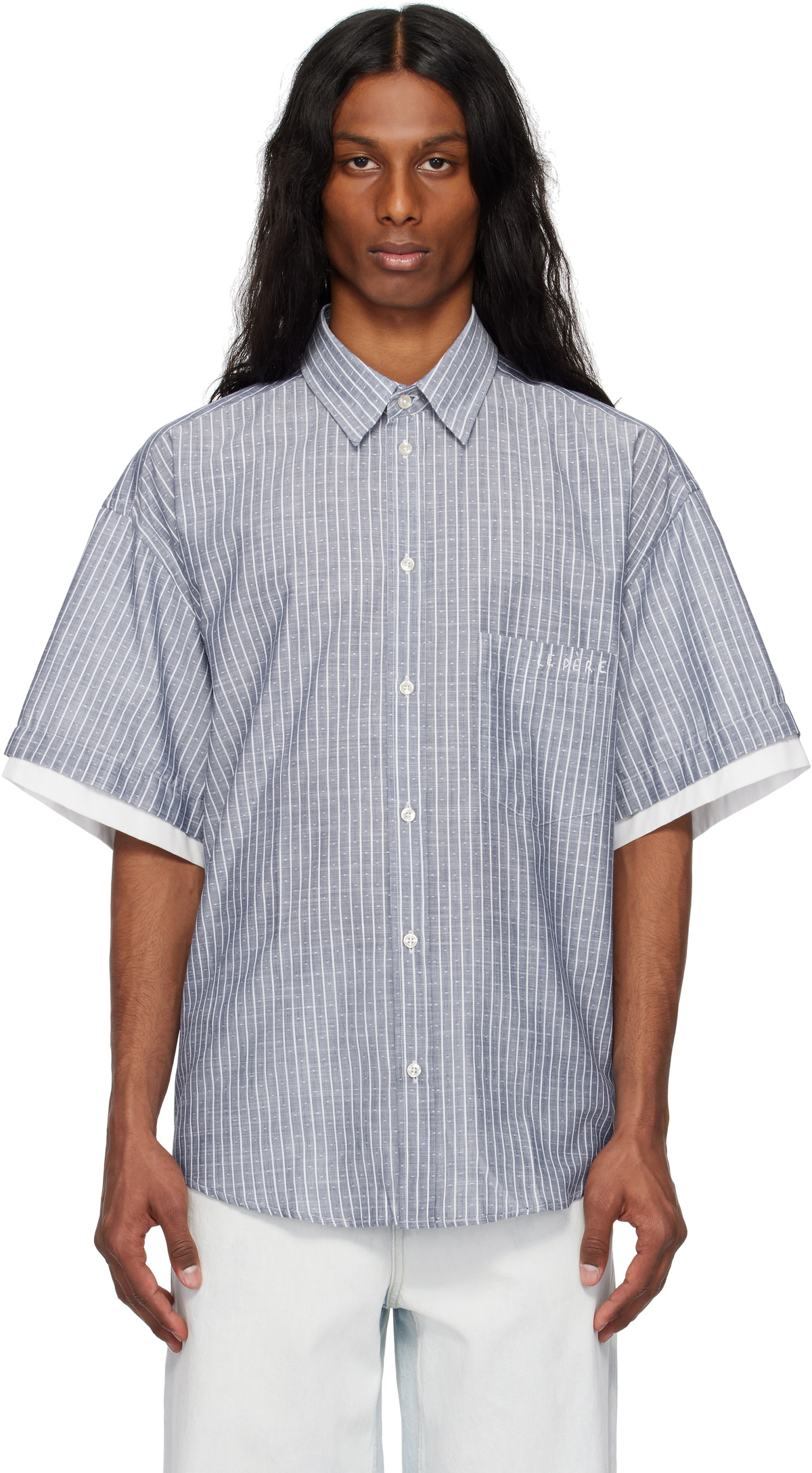 le PÈRE Navy Double Short Sleeve Button Down Shirt