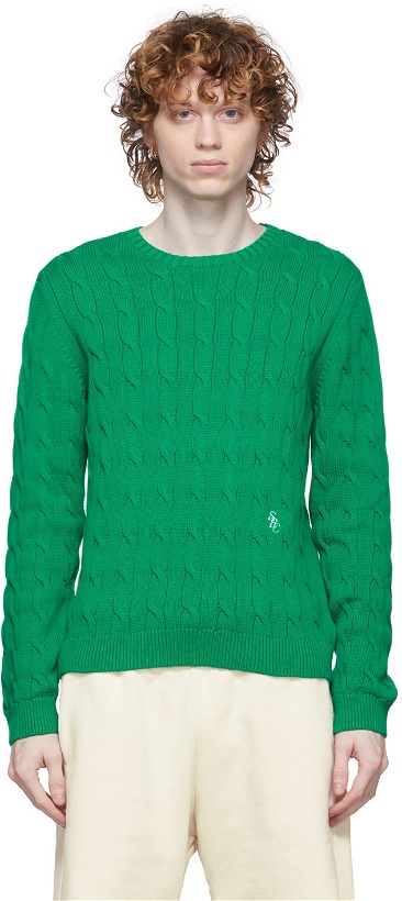 Photo: Sporty & Rich Green Cable Knit Crewneck Sweater