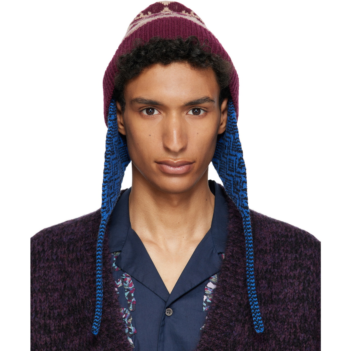 Dries Van Noten Burgundy & Blue Jacquard Wool Beanie