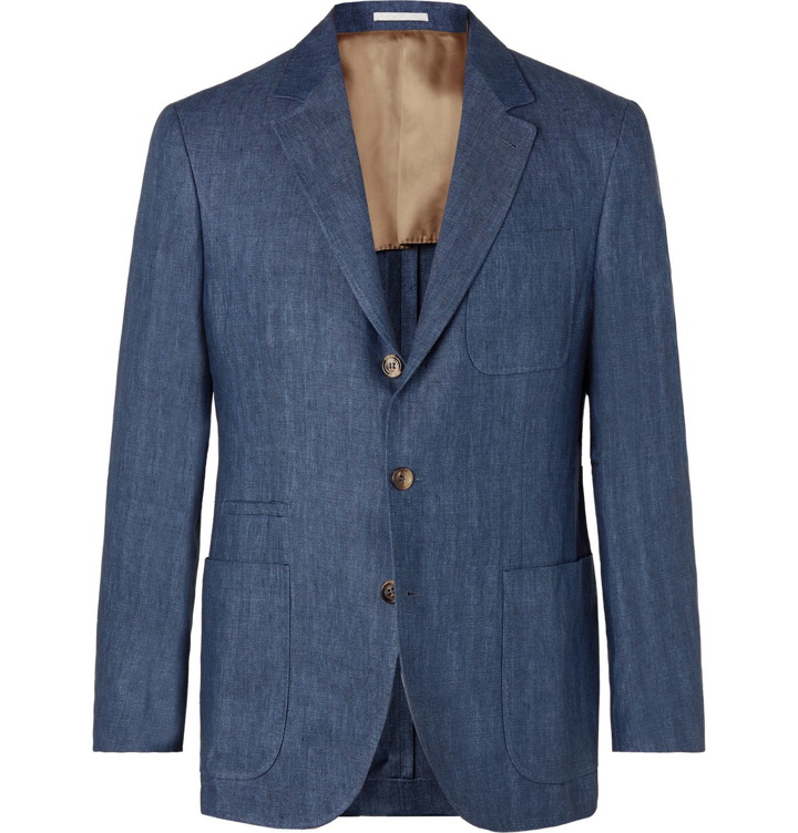 Photo: Brunello Cucinelli - Unstructured Herringbone Linen Suit Jacket - Blue