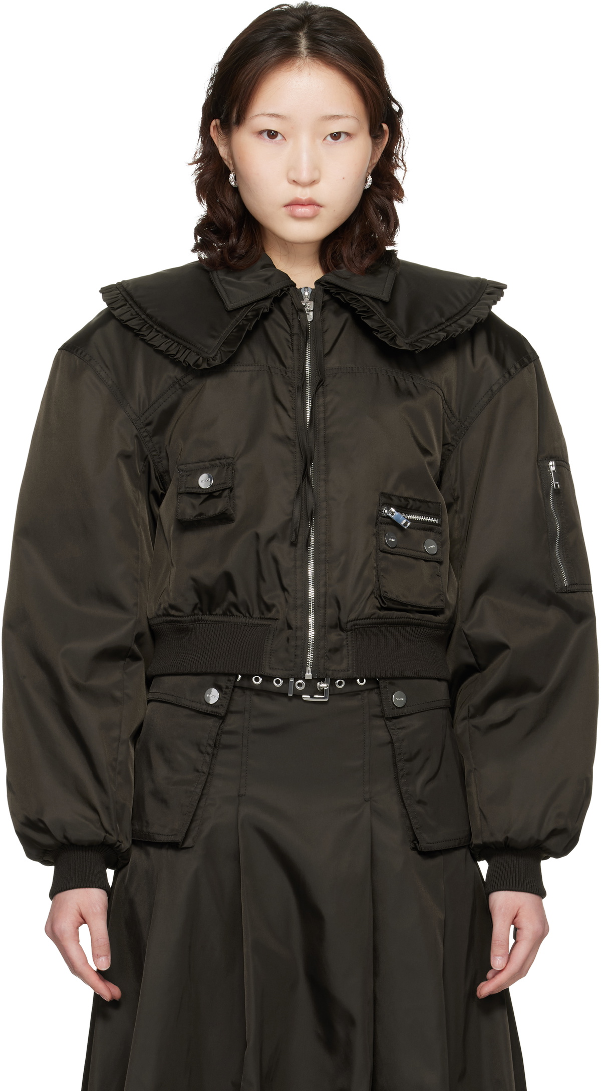 GANNI Brown Duchesse Nylon Bomber Jacket
