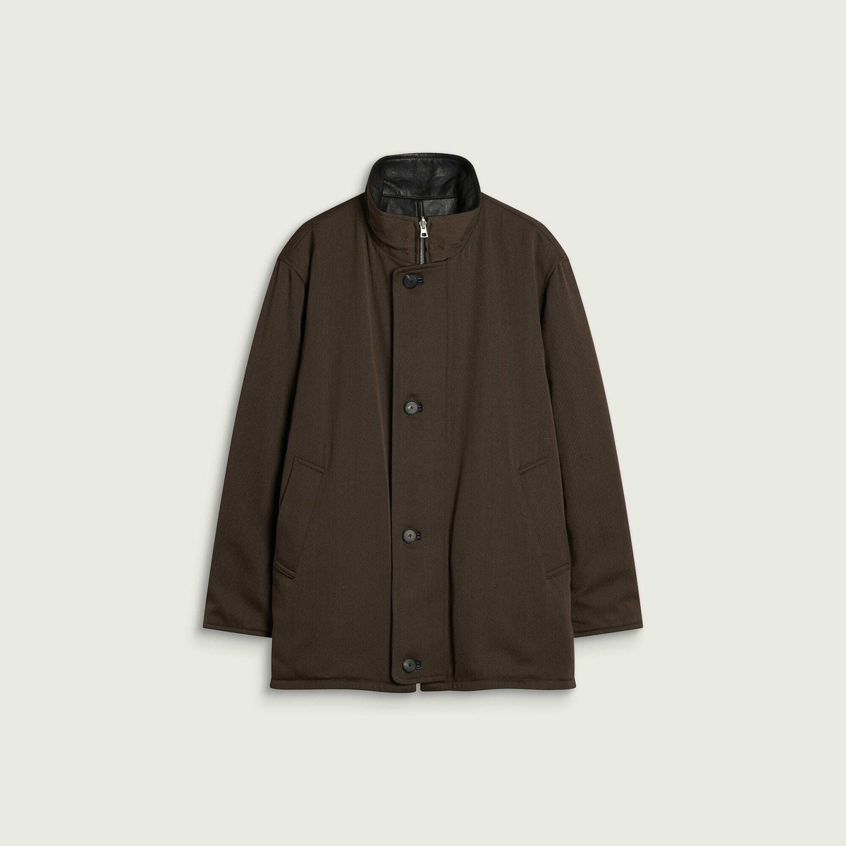 Auralee Men's Reversible Wool Leather Coat in Brown Chambray × Black