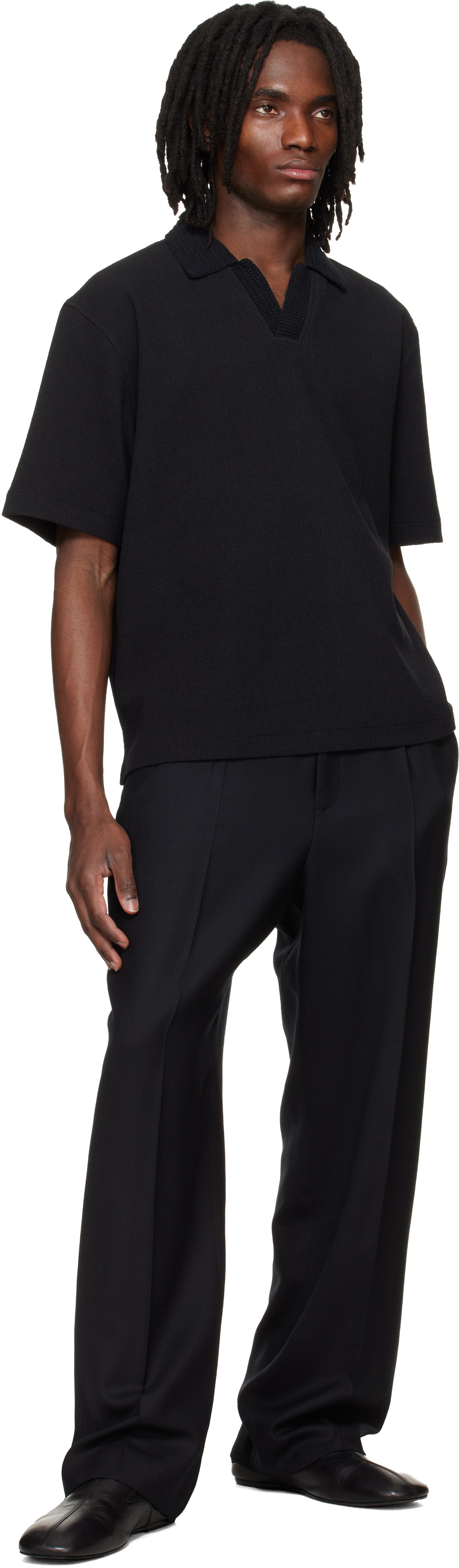 Solid Homme Black Knit Collared Short-Sleeve Polo