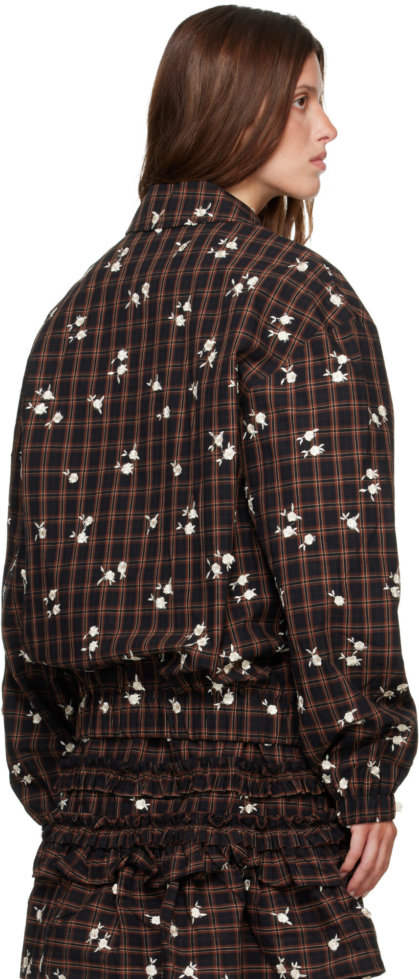 GANNI Brown Printed Check Bomber Jacket
