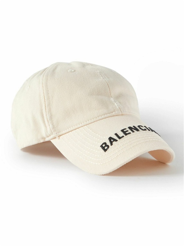 Photo: Balenciaga - Logo-Embroidered Distressed Cotton-Twill Baseball Cap - White