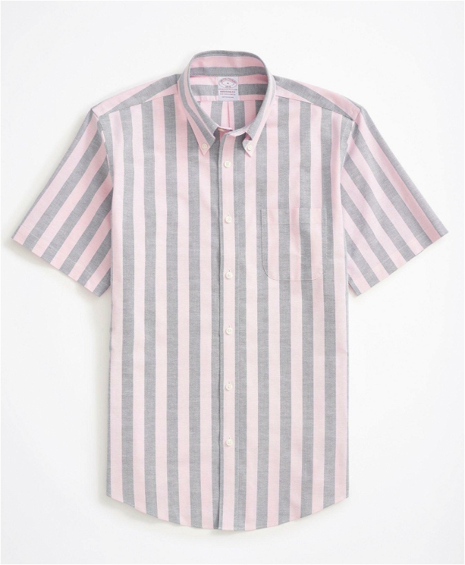 Photo: Brooks Brothers Men's Stretch Madison Relaxed-Fit Sport Shirt, Non-Iron Short-Sleeve Stripe Oxford | Pink/Navy