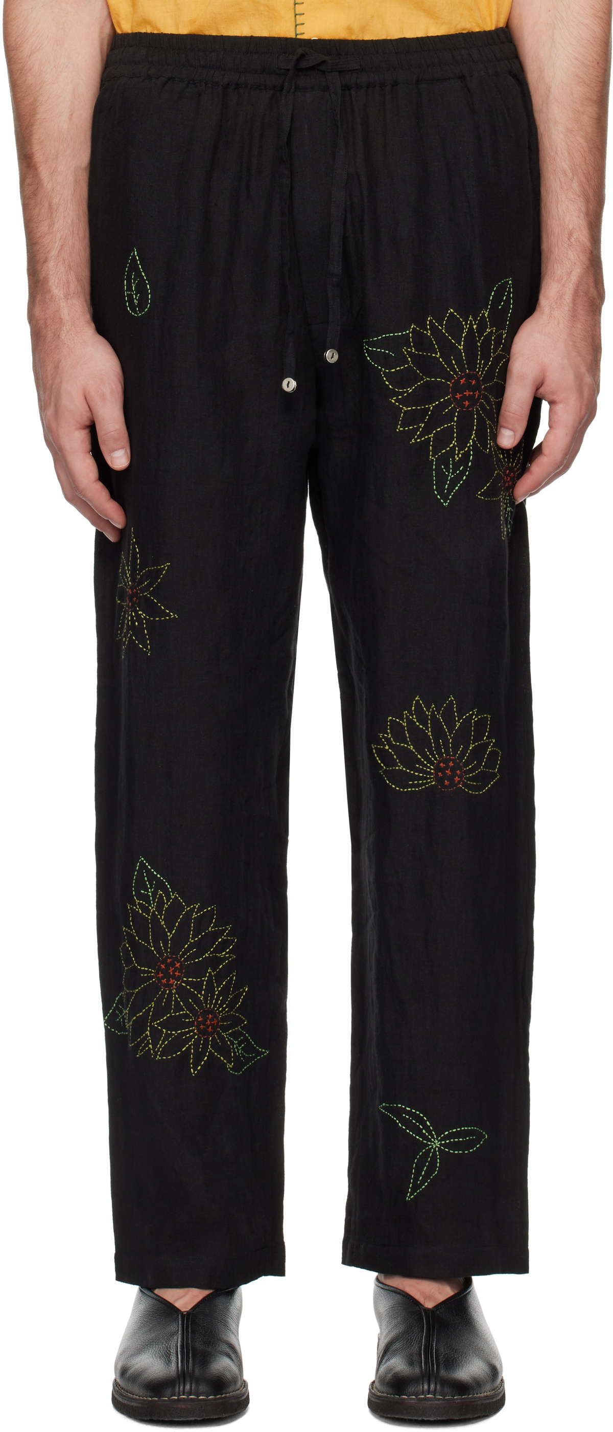 HARAGO Black Sunflower Embroidered Trousers
