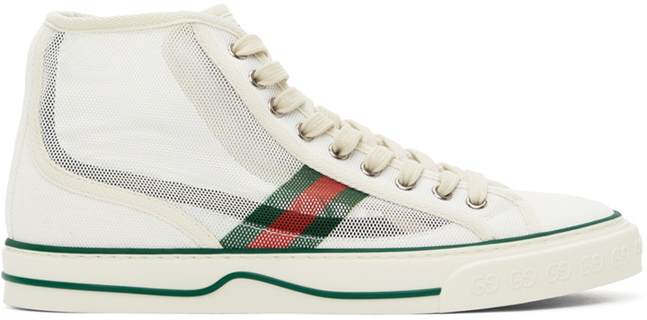 Photo: Gucci White Mesh 'Gucci Tennis 1977' High-Top Sneakers