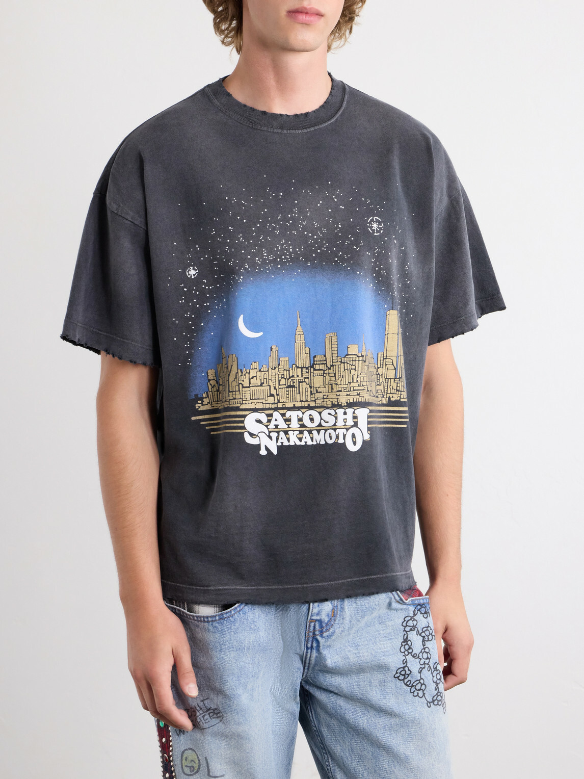 Satoshi Nakamoto - Tourist Logo-Print Distressed Cotton-Jersey T-Shirt - Black