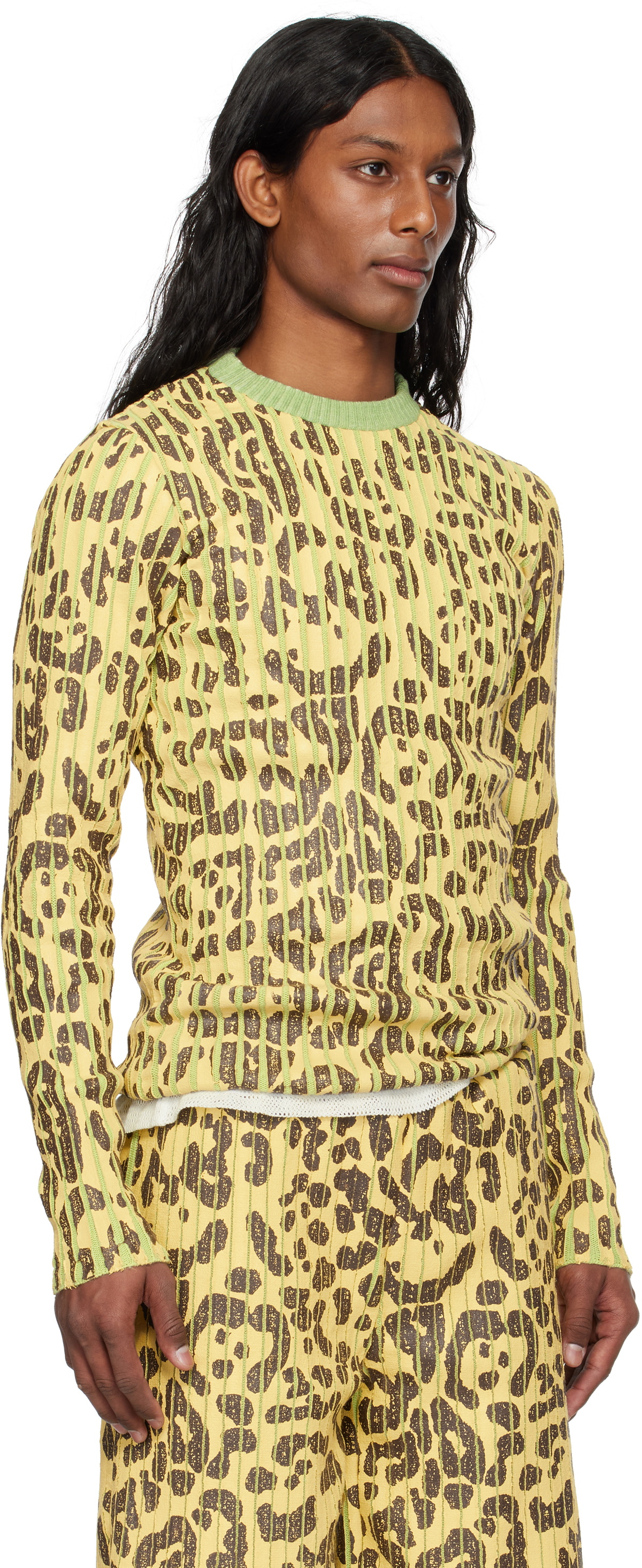 Stanley Raffington Yellow & Green Leopard Print Plated Knit Crewneck Sweater