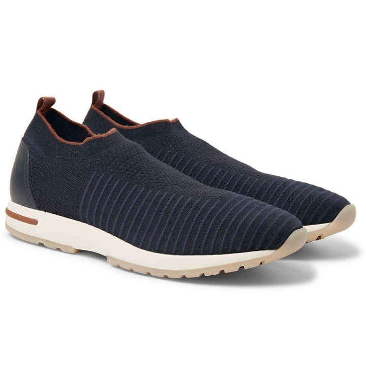 Photo: Loro Piana - 360 Flexy Walk Leather-Trimmed Knitted Wish Wool Slip-On Sneakers - Gray