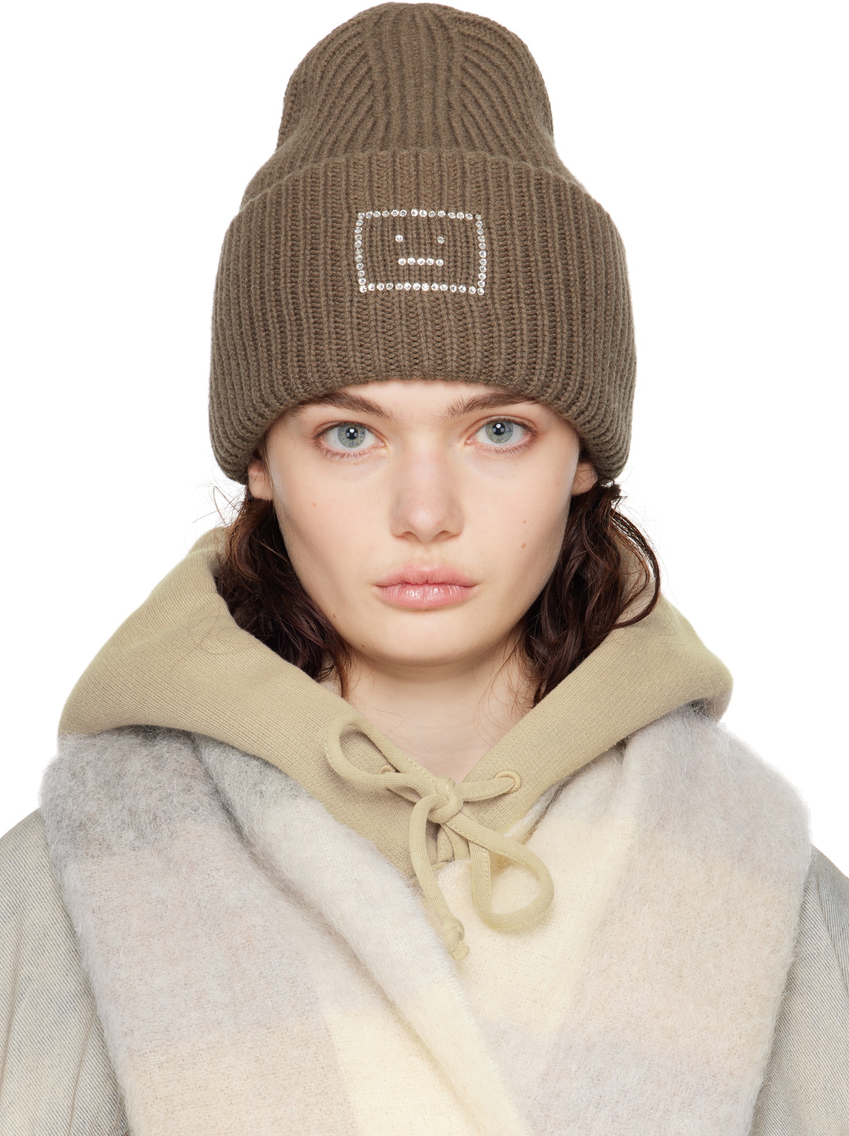 Acne Studios Khaki Embellished Face Logo Beanie Acne Studios