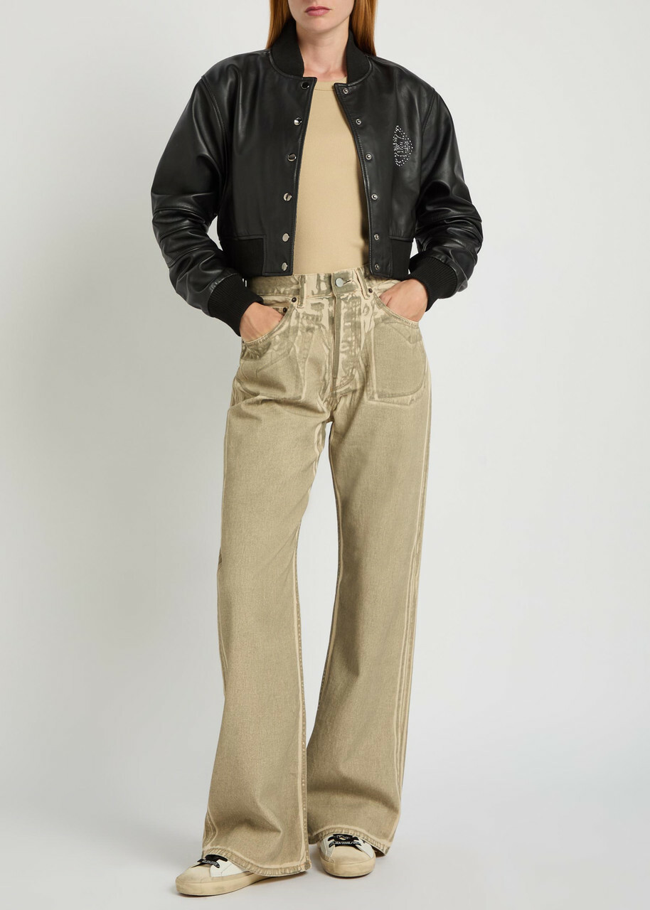 AN-Y1 Queen Stud-embellished Leather Cropped Bomber Jacket Black