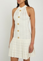Balmain Checked Pleated Stretch-knit Mini Dress Natural