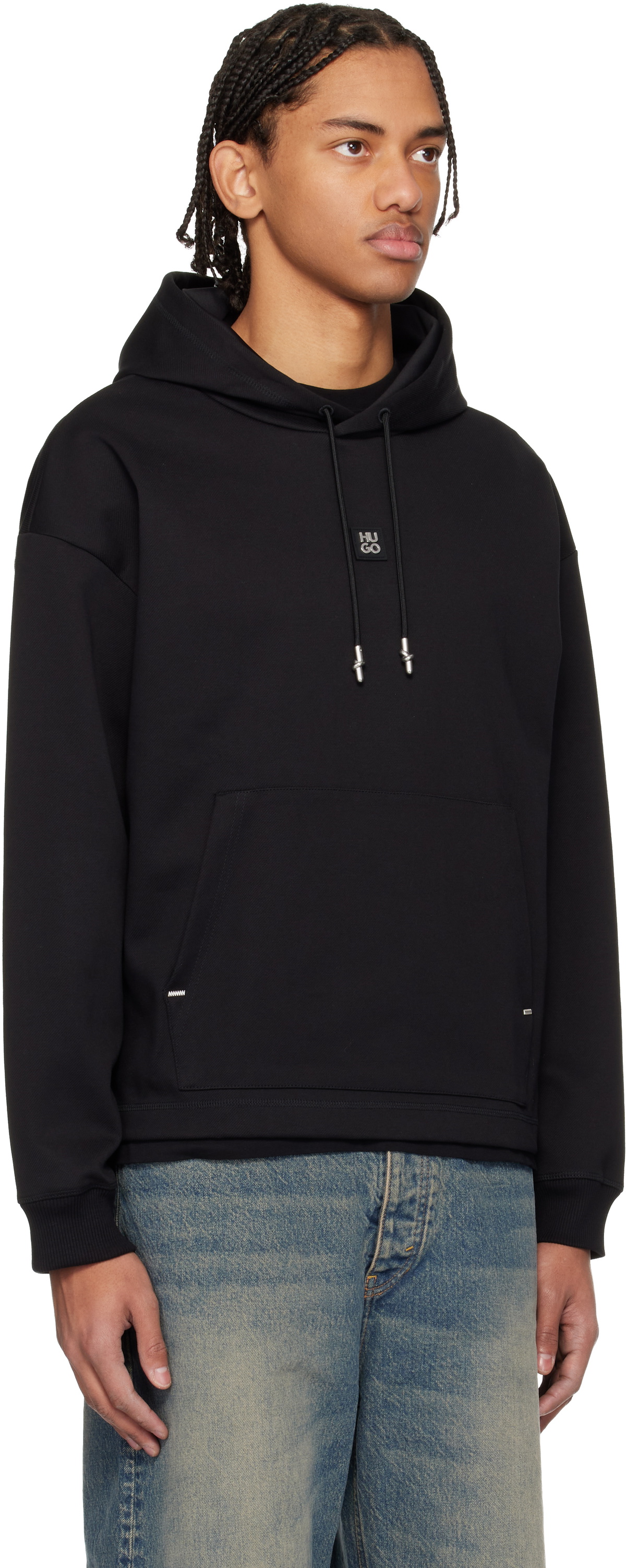 Hugo Black Relaxed Fit Stacked-Logo Hoodie