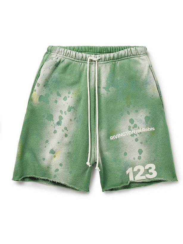 Photo: RRR123 - Gym Bag Straight-Leg Logo-Print Paint-Splattered Cotton-Jersey Drawstring Shorts - Green
