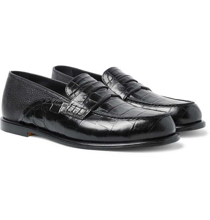 Photo: Loewe - Collapsible-Heel Croc-Effect and Full-Grain Leather Penny Loafers - Men - Black