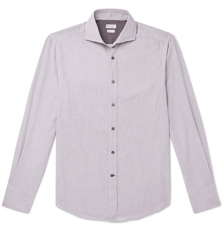 Photo: Brunello Cucinelli - Slim-Fit Cutaway-Collar Cotton Shirt - Gray