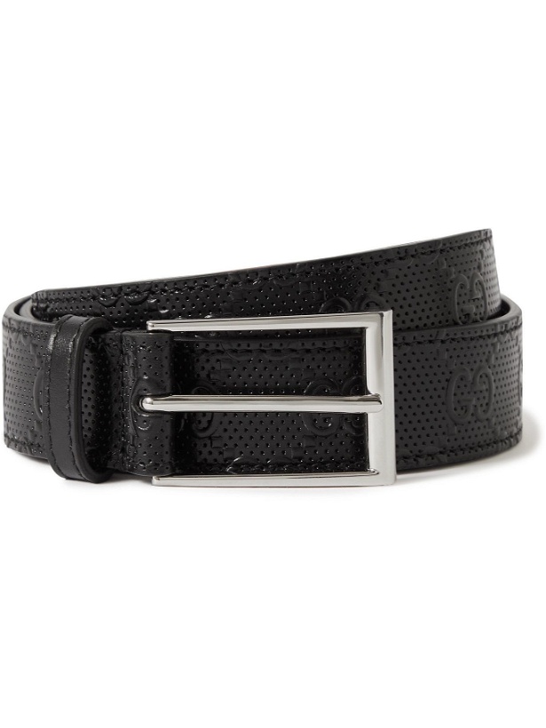Photo: GUCCI - 3cm Logo-Embossed Perforated Leather Belt - Black