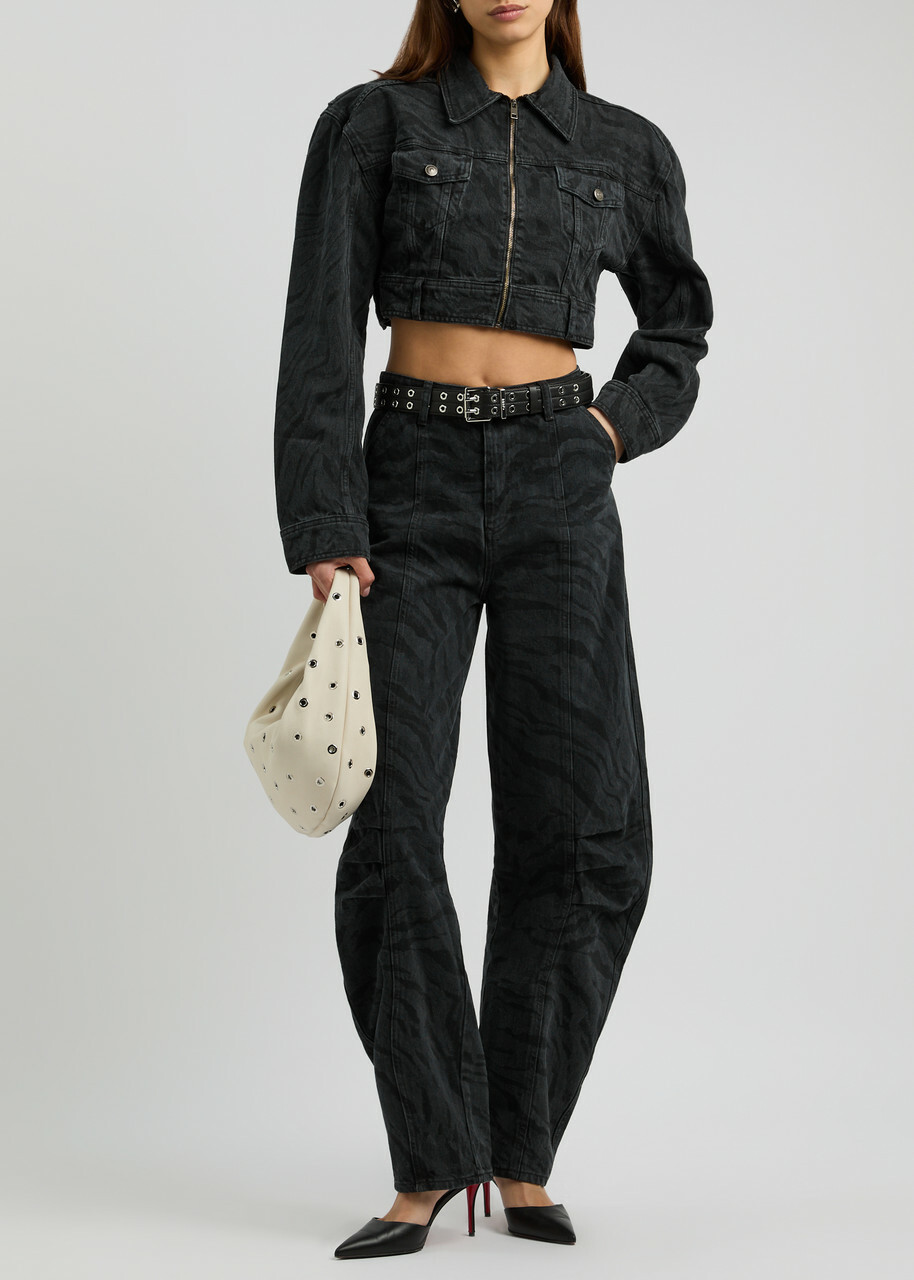 Rotate Sunday Zebra-print Cropped Denim Jacket Black