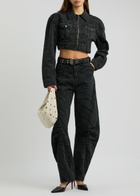 Rotate Sunday Zebra-print Cropped Denim Jacket Black