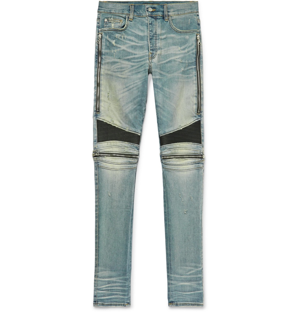 AMIRI - MX2 Skinny-Fit Leather-Panelled Distressed Stretch-Denim Jeans -  Blue