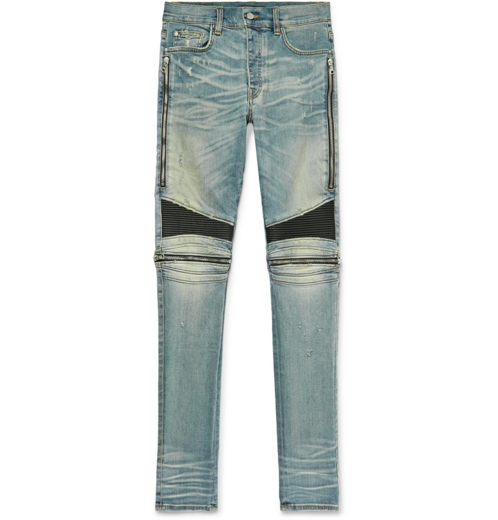 Photo: AMIRI - MX2 Skinny-Fit Leather-Panelled Distressed Stretch-Denim Jeans - Blue