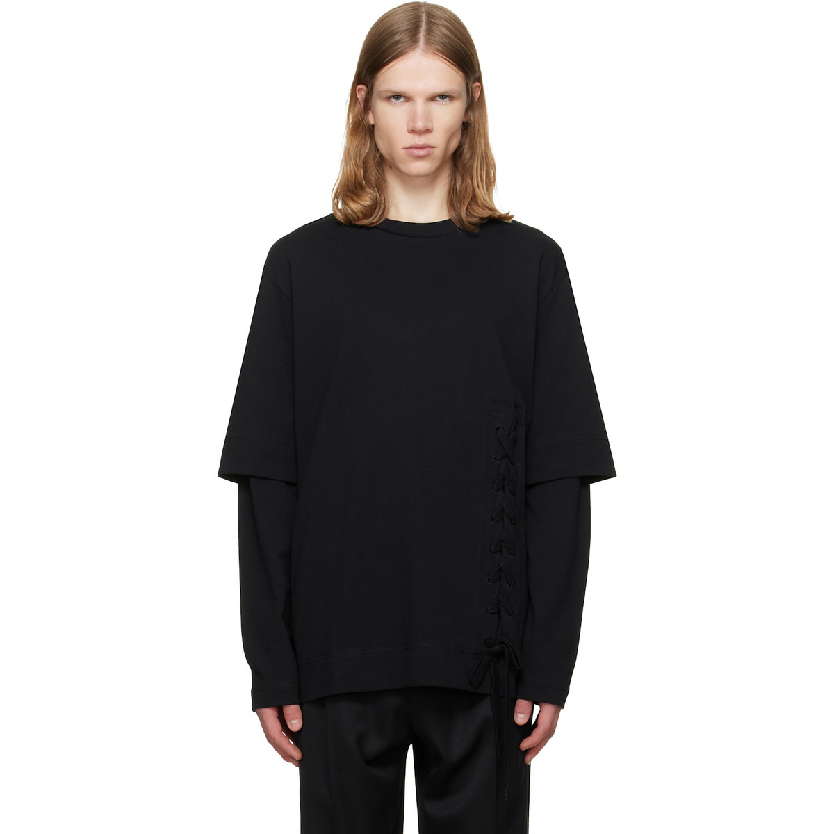 Simone Rocha Black Lace Up Hem Layered Long Sleeve T-shirt