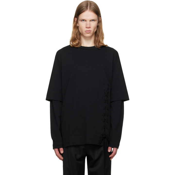 Photo: Simone Rocha Black Lace Up Hem Layered Long Sleeve T-shirt