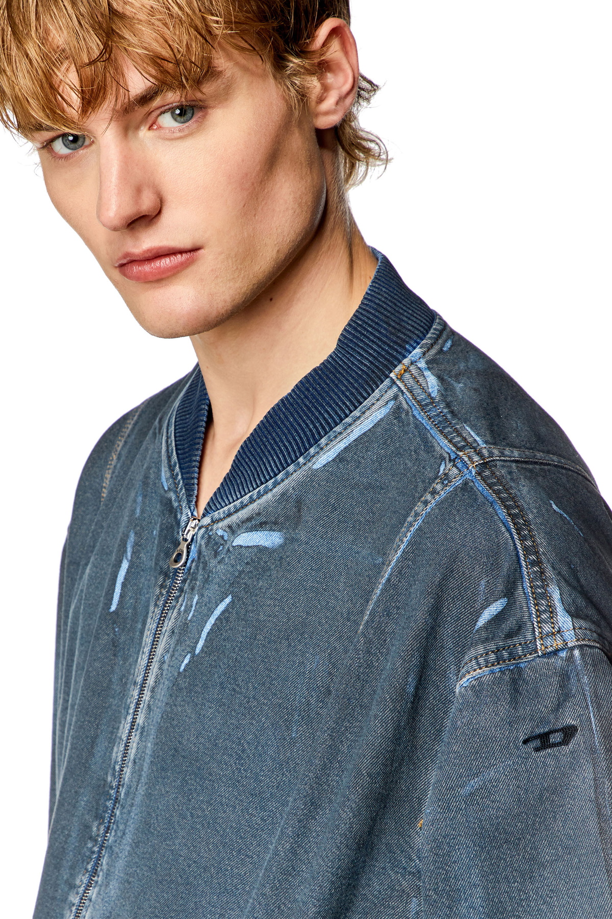 Diesel Bomber jacket in used-effect coated denim - Denim Jackets Mens in Blue
