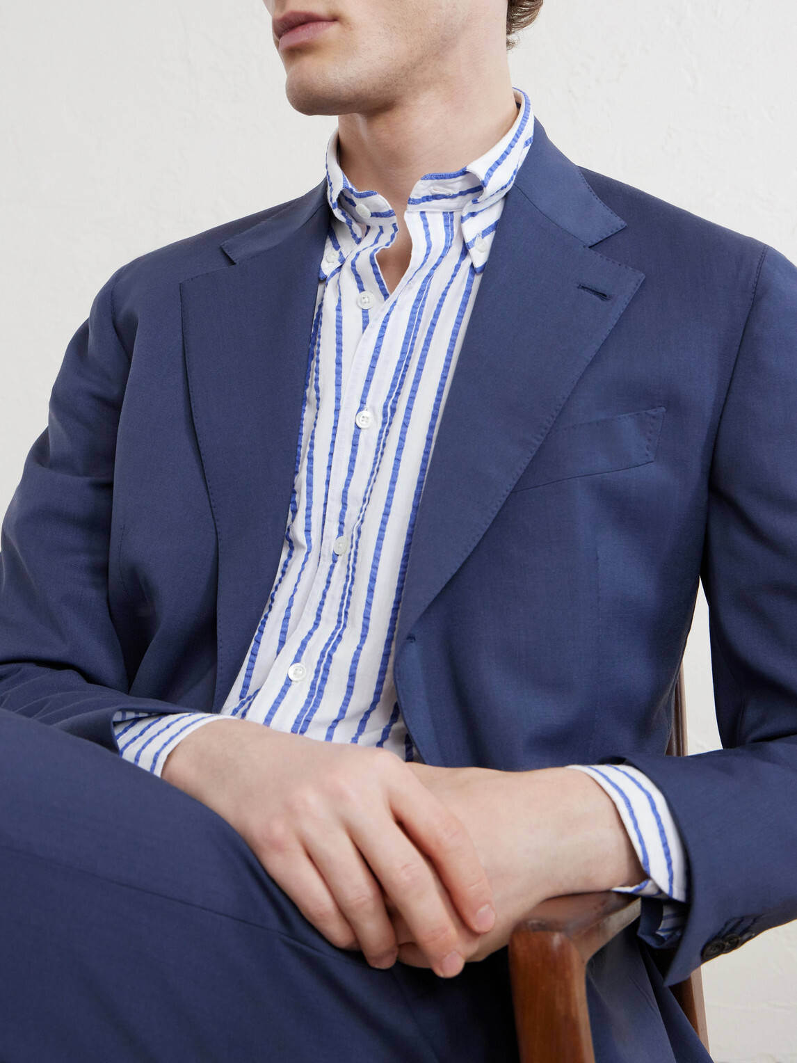 J. Mueser - Button-Down Collar Striped Cotton-Seersucker Shirt - Blue