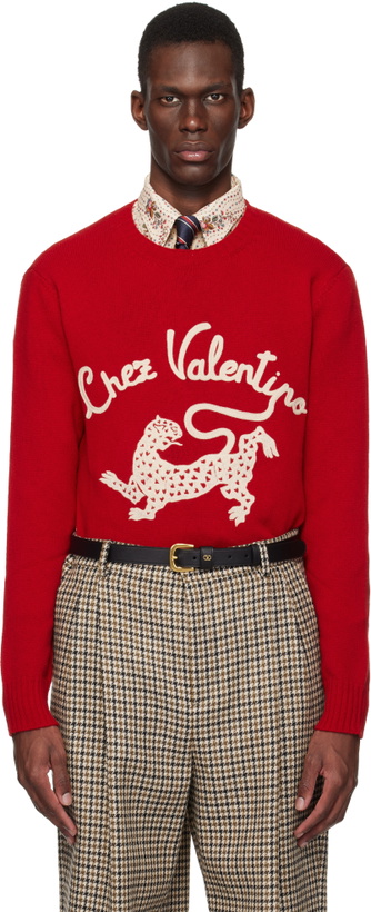 Photo: Valentino Red Wool 'Chez Valentino' Panther Embroidery Sweater